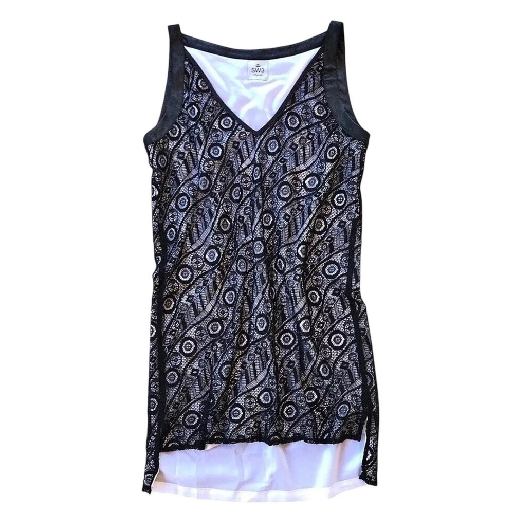 SW3 Bespoke Lace Faux Suede Trim Hi-Low Sleeveless Tank Top Black White Size M
